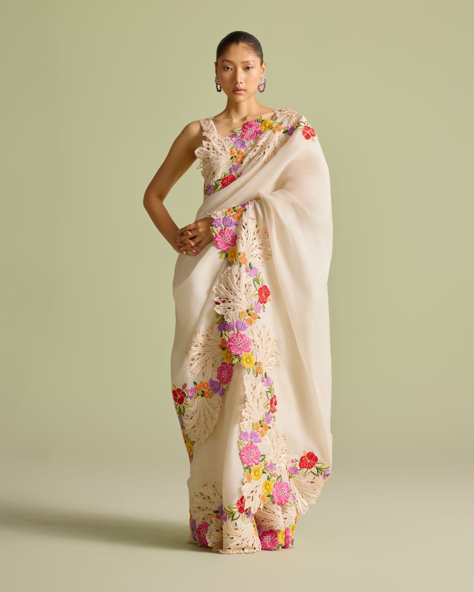 Ivory Multicolor Floral Embroidered Saree