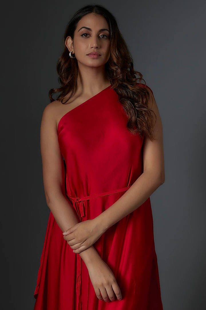 Red Silk Satin Georgette Tunic Set