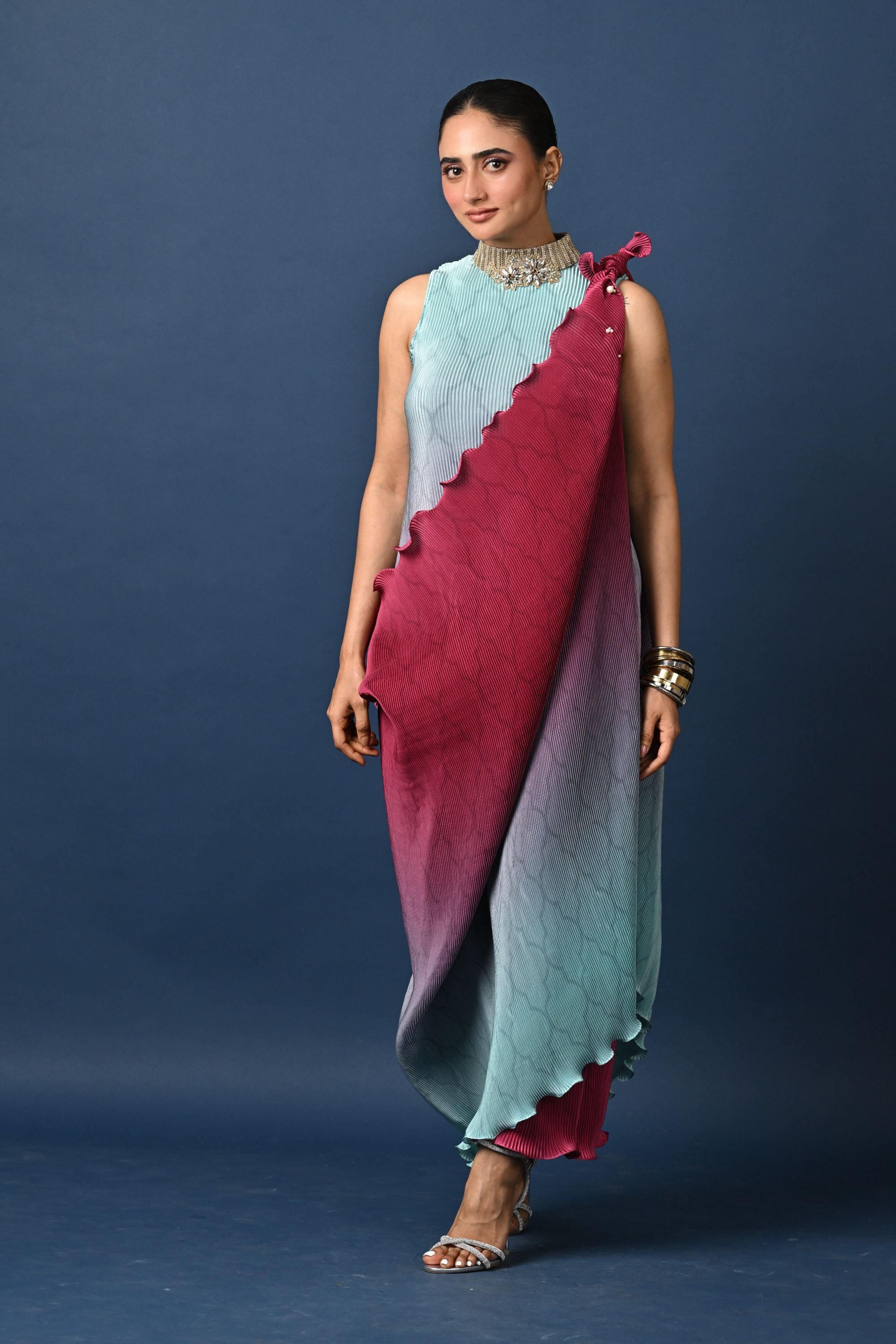 Powder blue into merlot ombre pleated long dress with embroidery and pleated drape