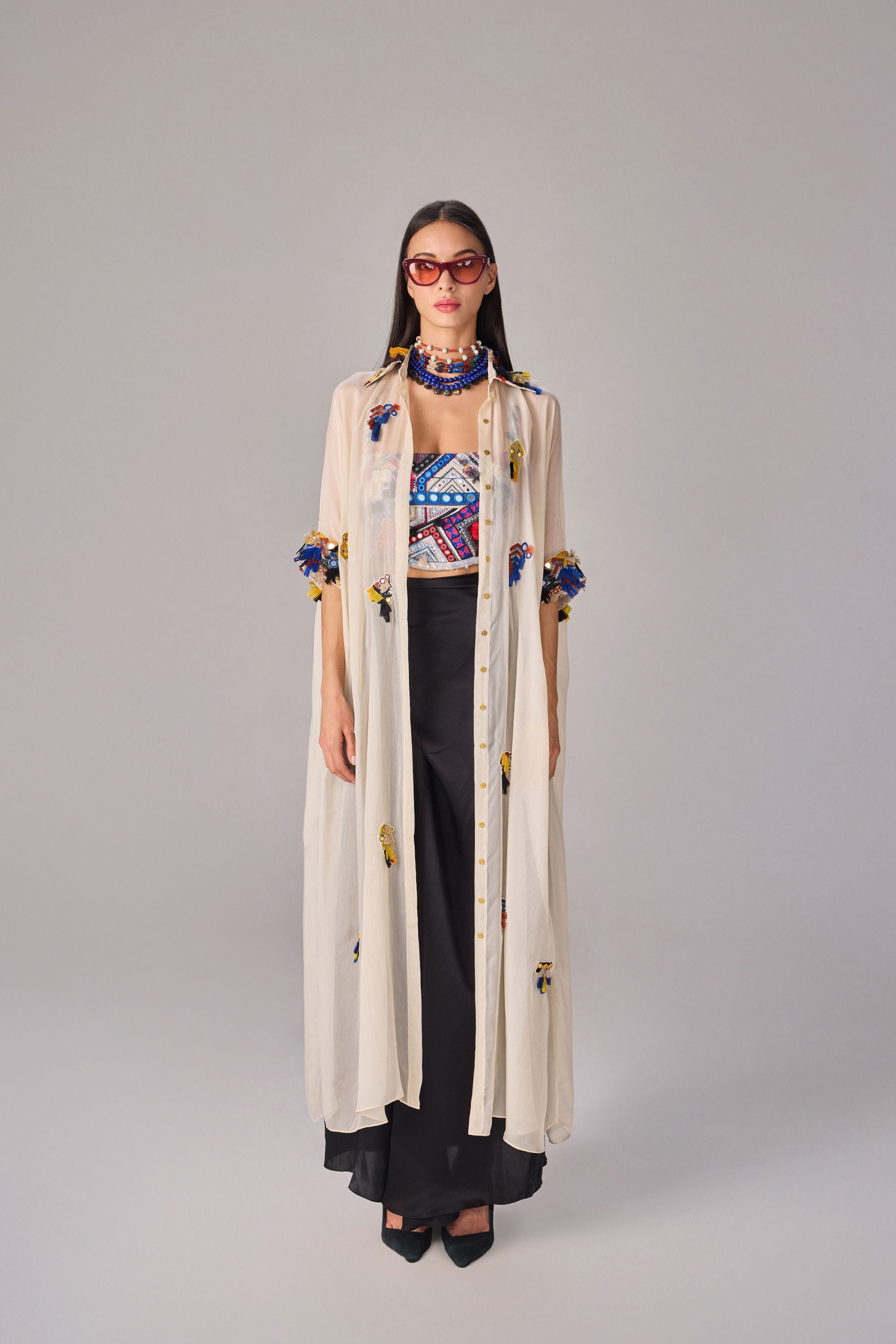 Collared maxi length shirt cape with intricate mirror, tassle and thread work hand mebroidered applique collar and cuffs