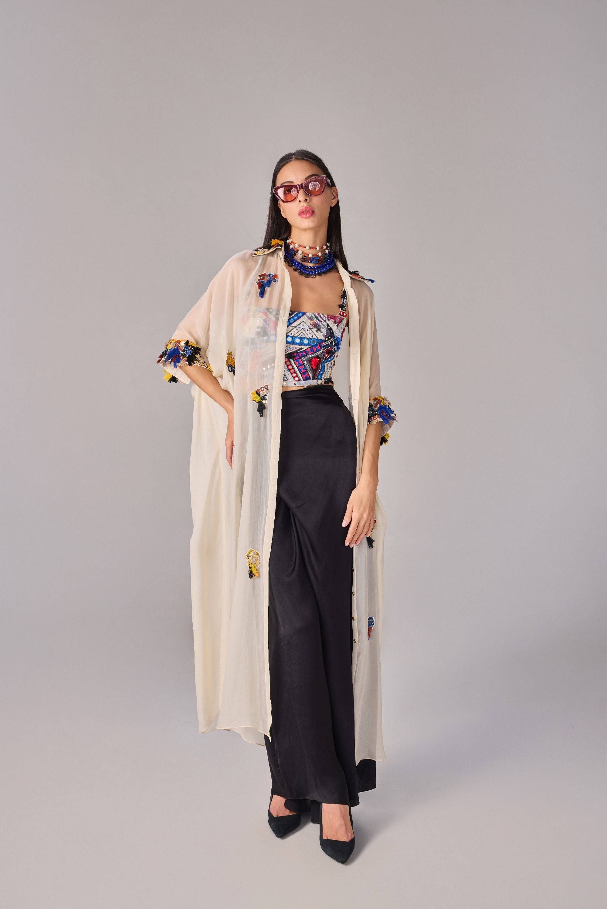 Collared maxi length shirt cape with intricate mirror, tassle and thread work hand mebroidered applique collar and cuffs