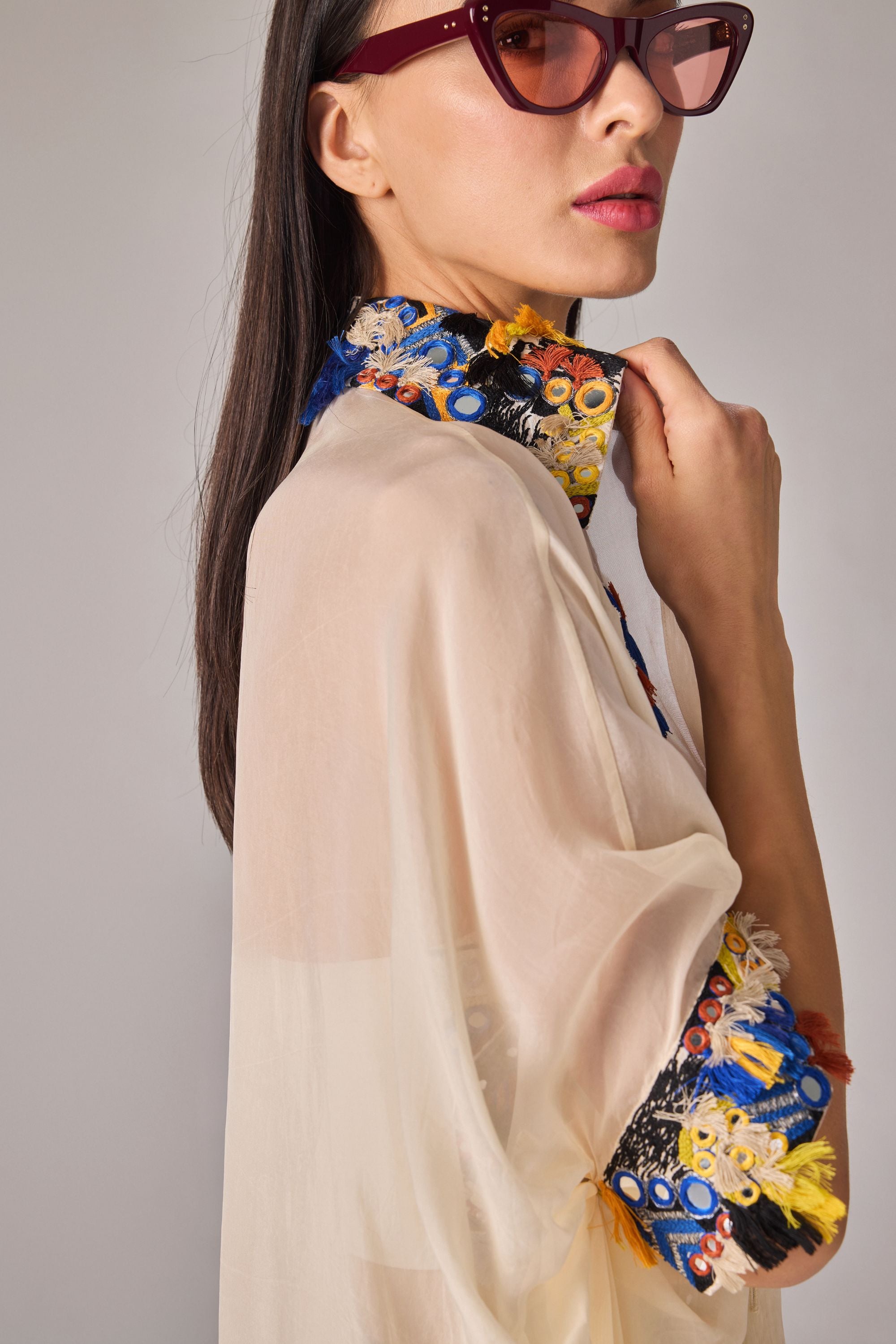 Collared maxi length shirt cape with intricate mirror, tassle and thread work hand mebroidered applique collar and cuffs