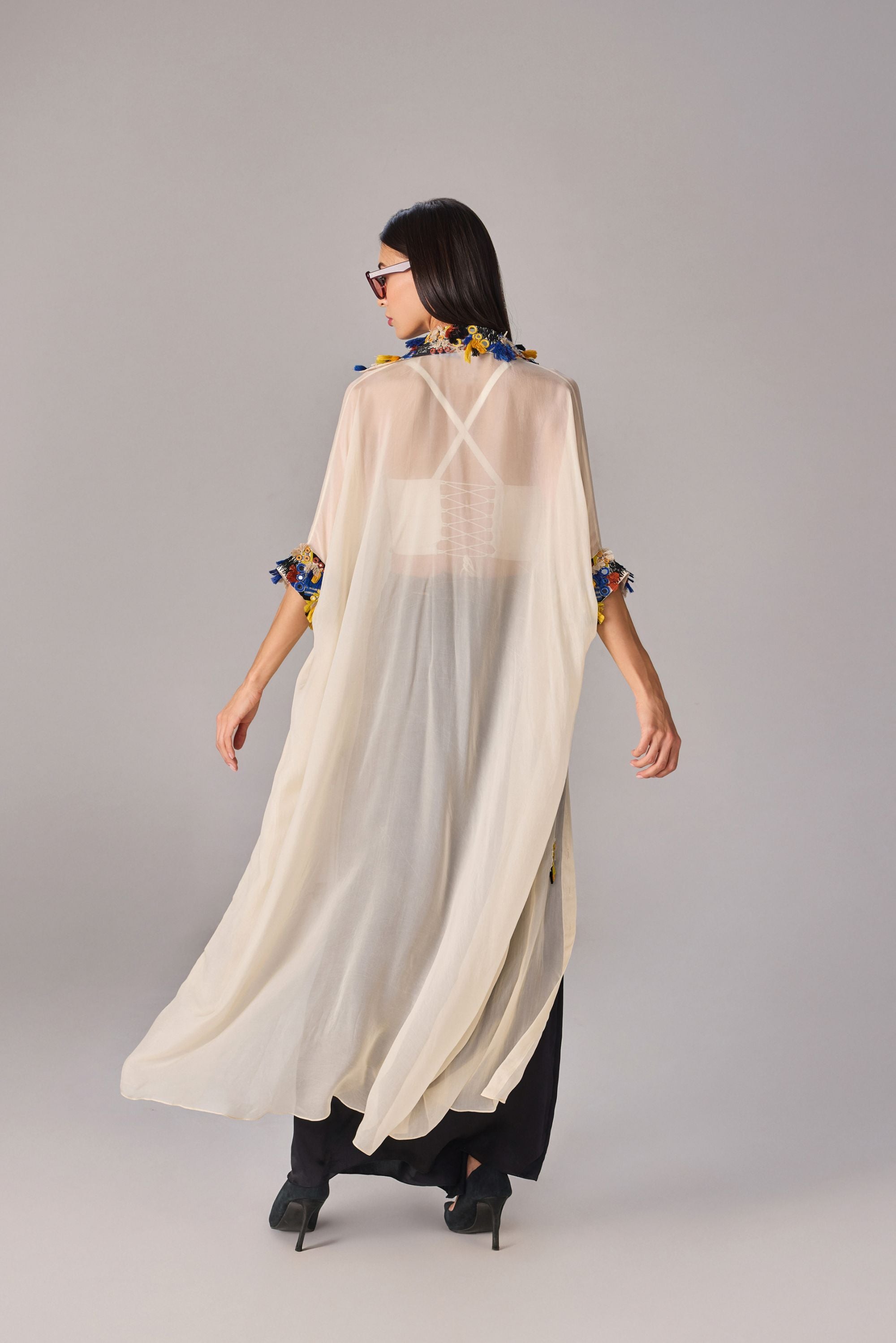Collared maxi length shirt cape with intricate mirror, tassle and thread work hand mebroidered applique collar and cuffs