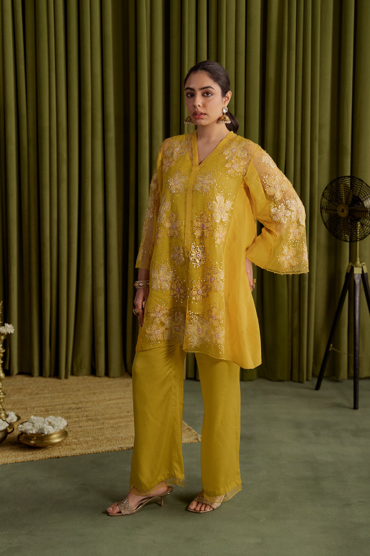 Mango co-ord set with embroidered floral pattern.