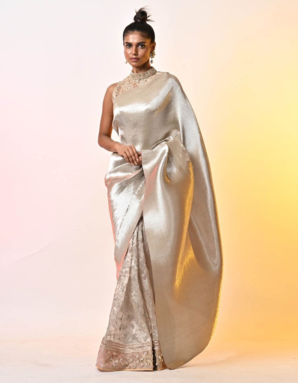 Liquid Silver Metallic Pleated Saree With Tissue Detail And Choli Piece