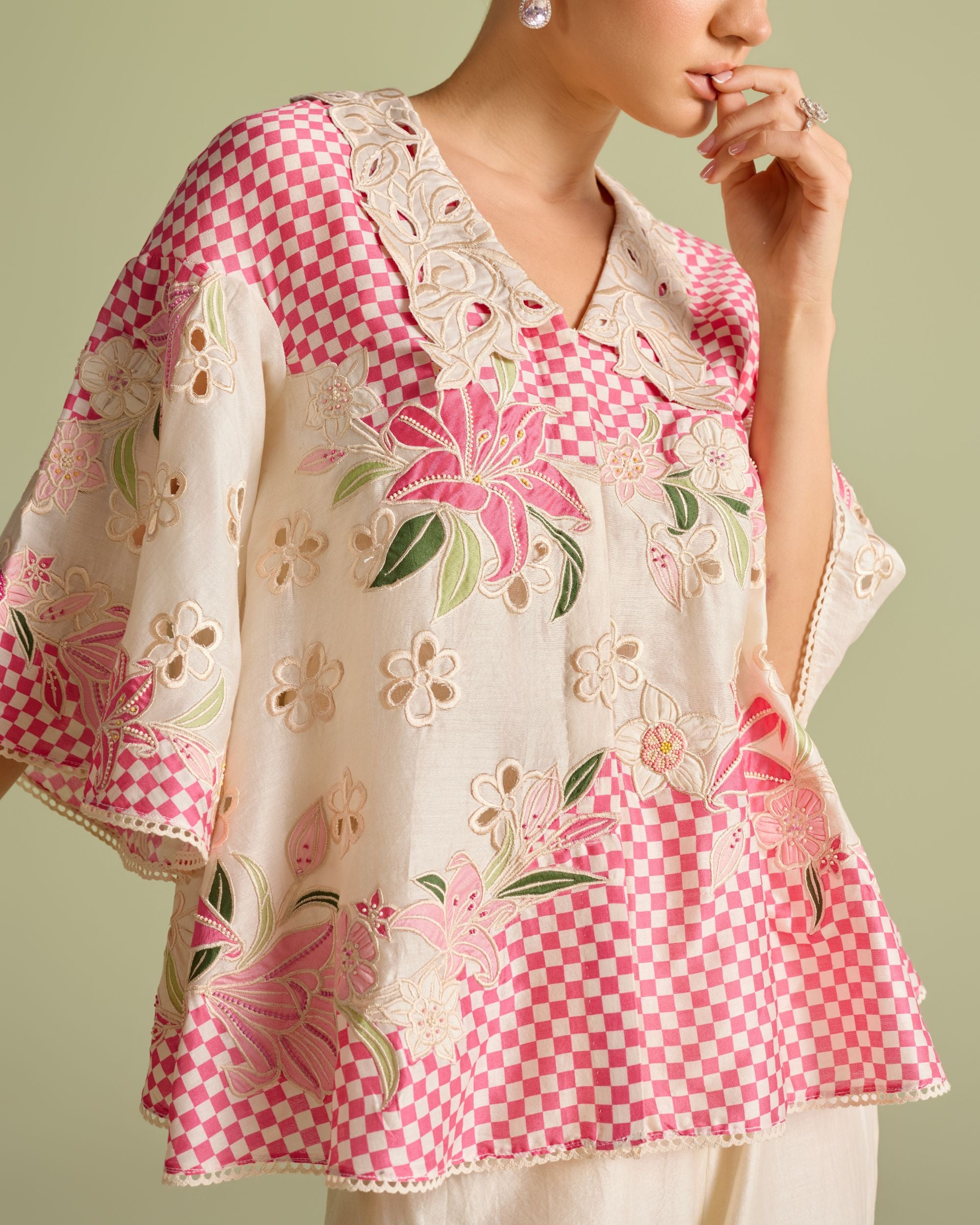 Ivory And Fuchsia Checkered Applique Shirt