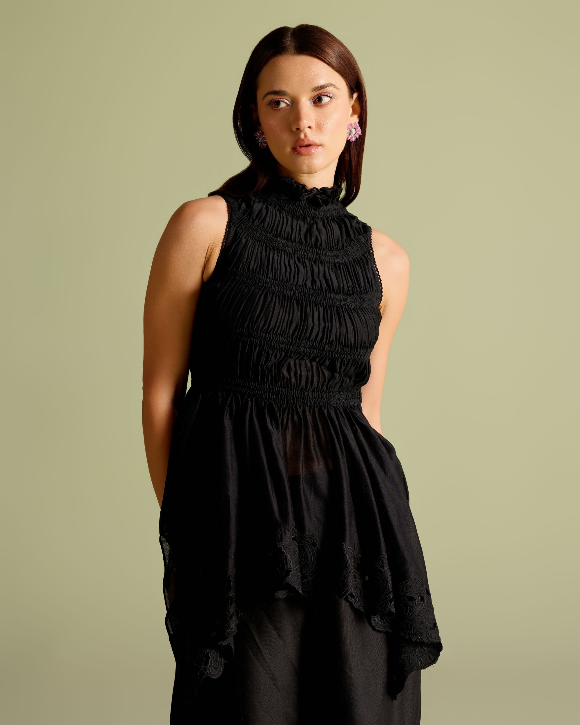 Black Ruched Cutwork Peplum Top
