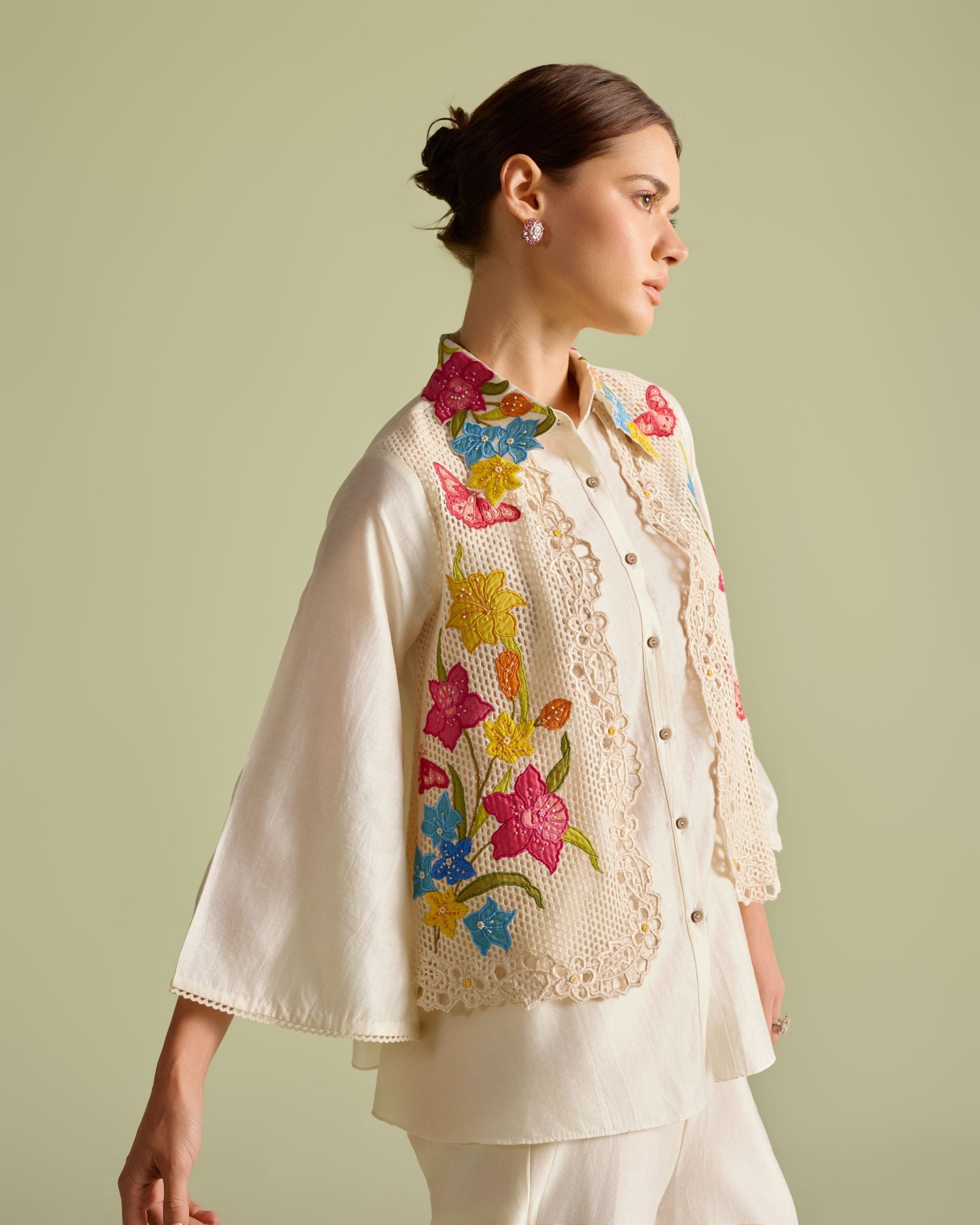 Ivory Floral Mesh Layered Shirt