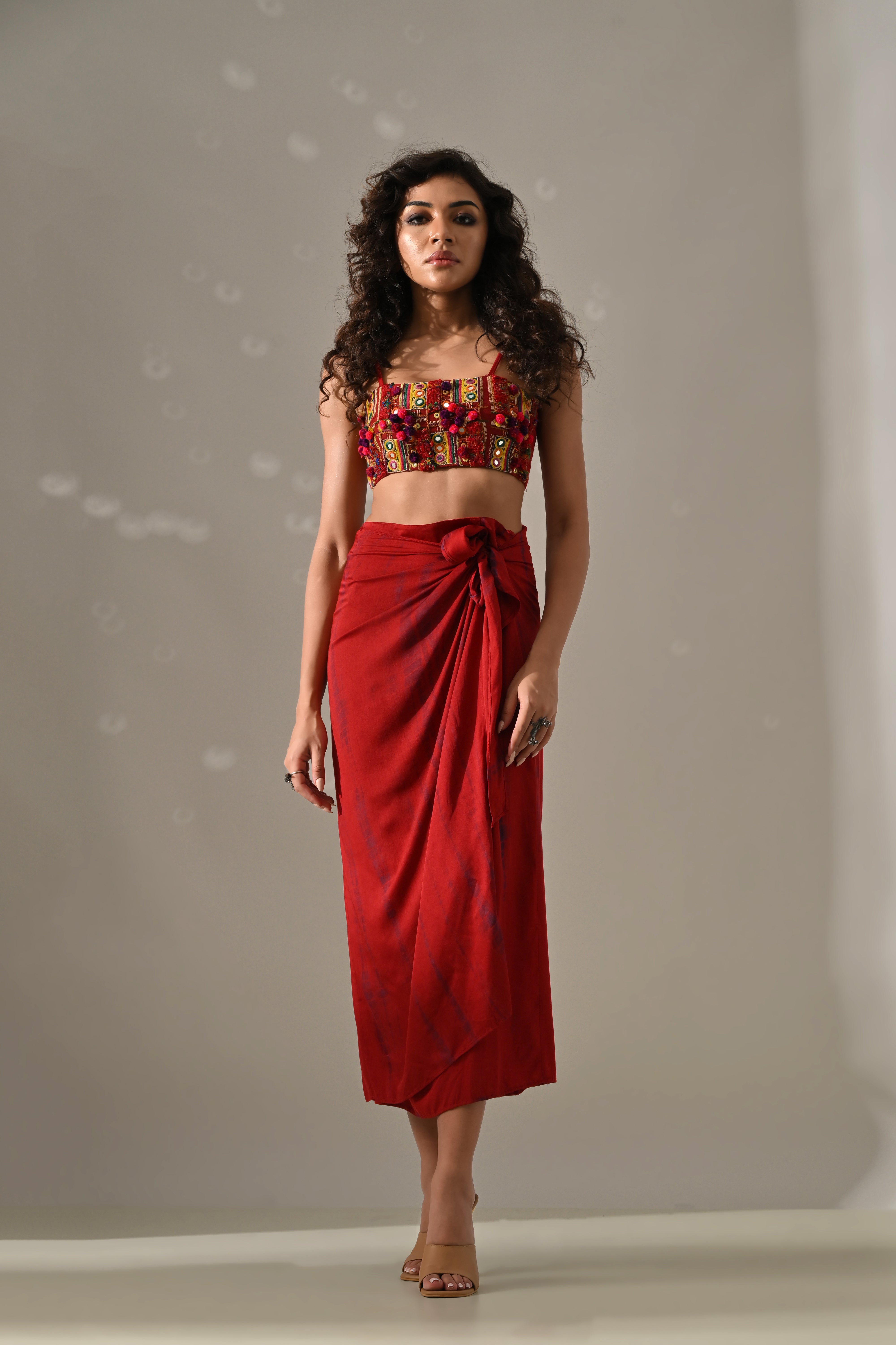 Red Multi Patchwork And Placement Tie Dye Cape Set