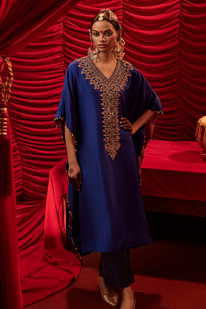 Luxurious Blue Silk Kaftan Pant Set with Intricate Zardozi Resham Embroidery
