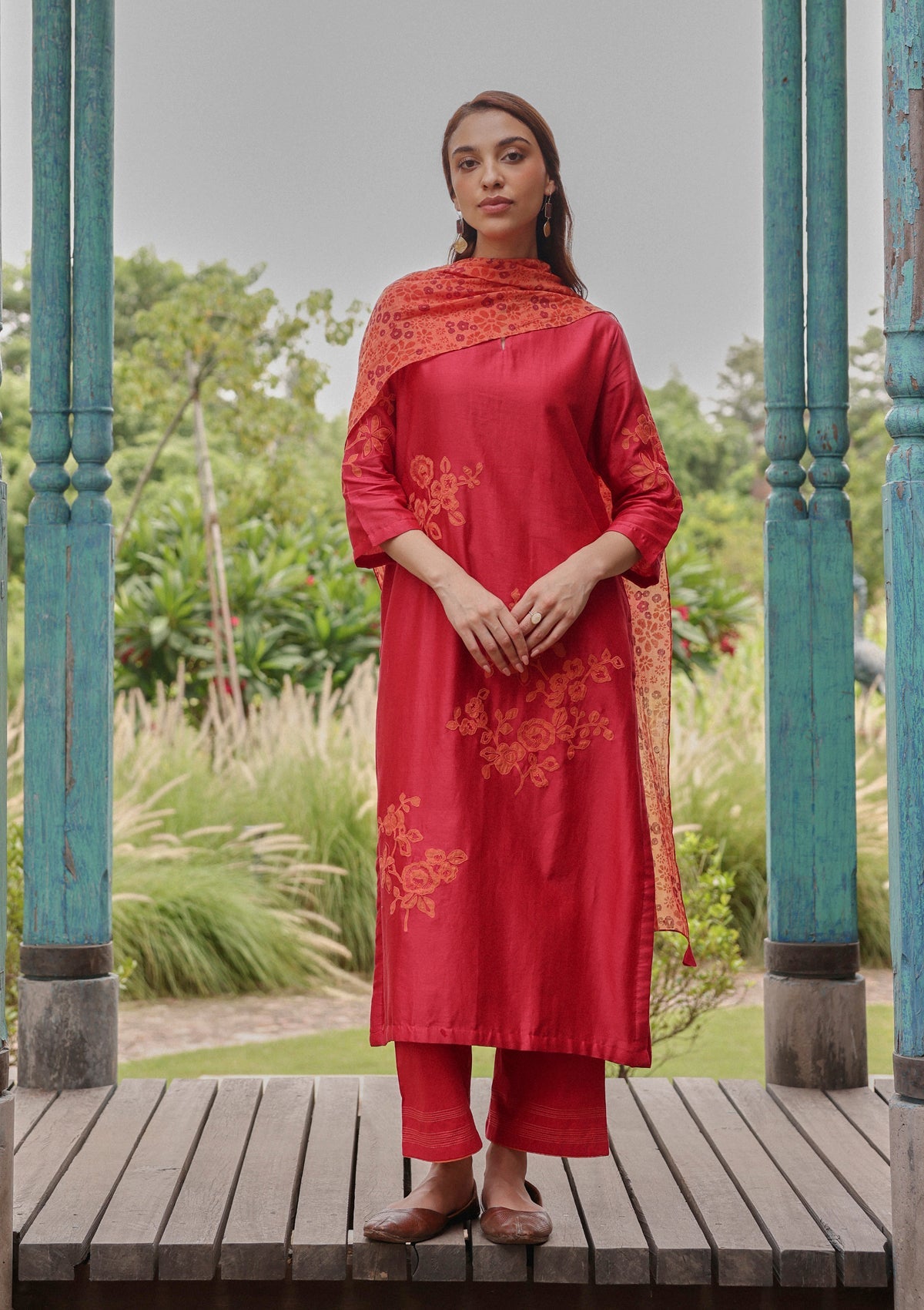 Berry Applique Floral Kurta Set