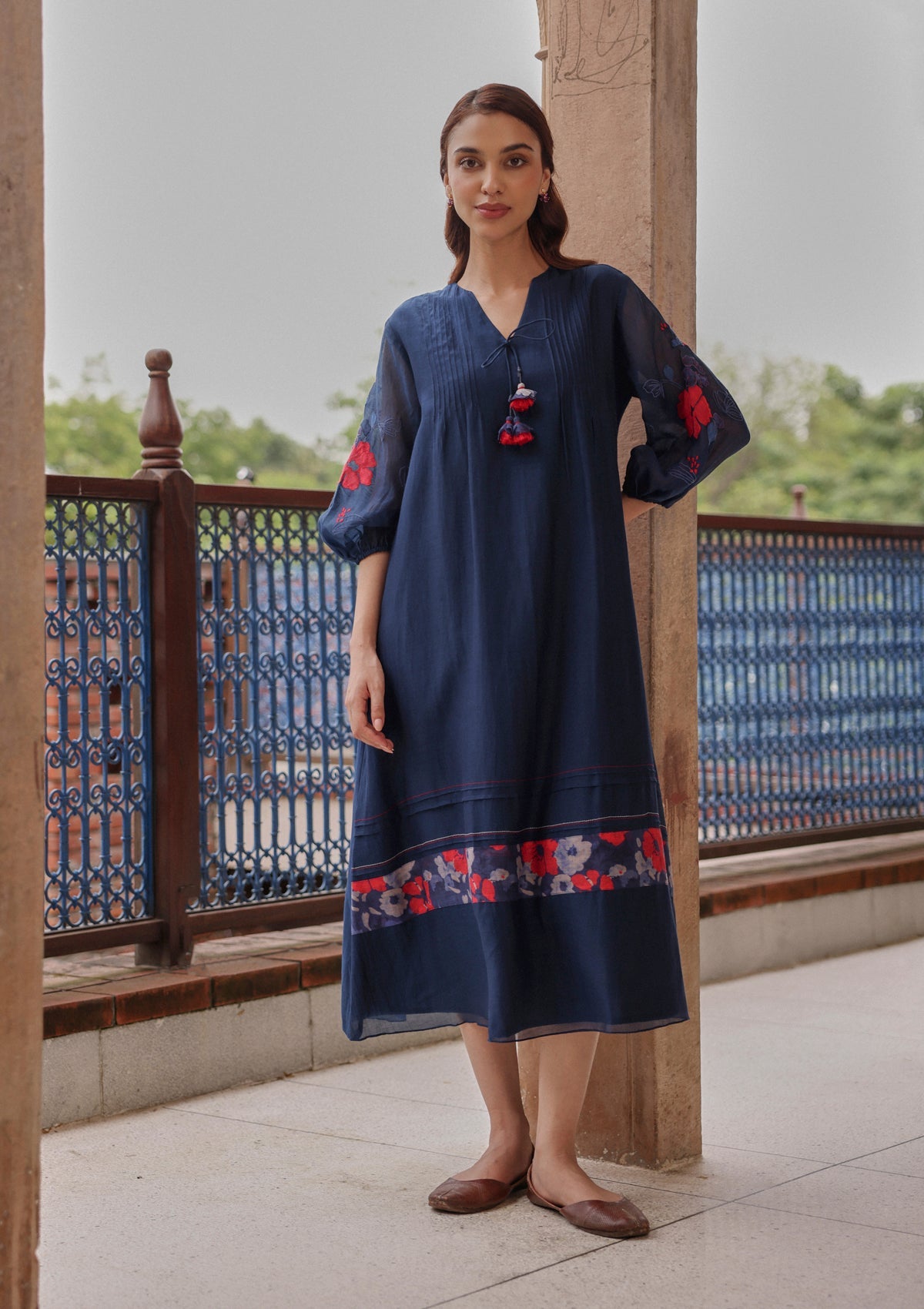 Indigo Bloom Pintuck Dress