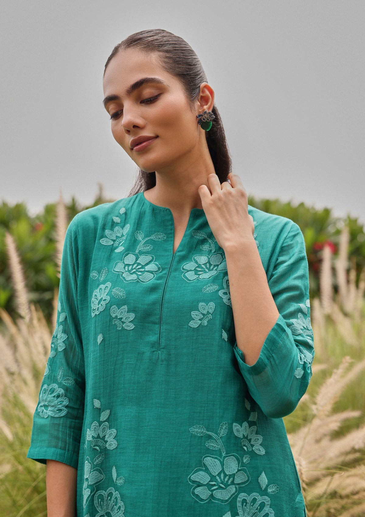 Teal Applique Embroidered Kurta Set