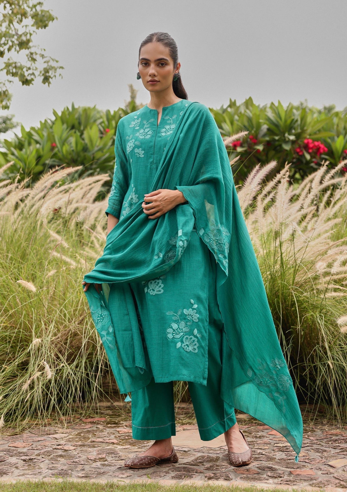 Teal Applique Embroidered Kurta Set