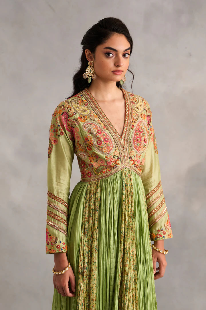 Pista Green Crushed Kalidar With Printed Panels And Dupatta