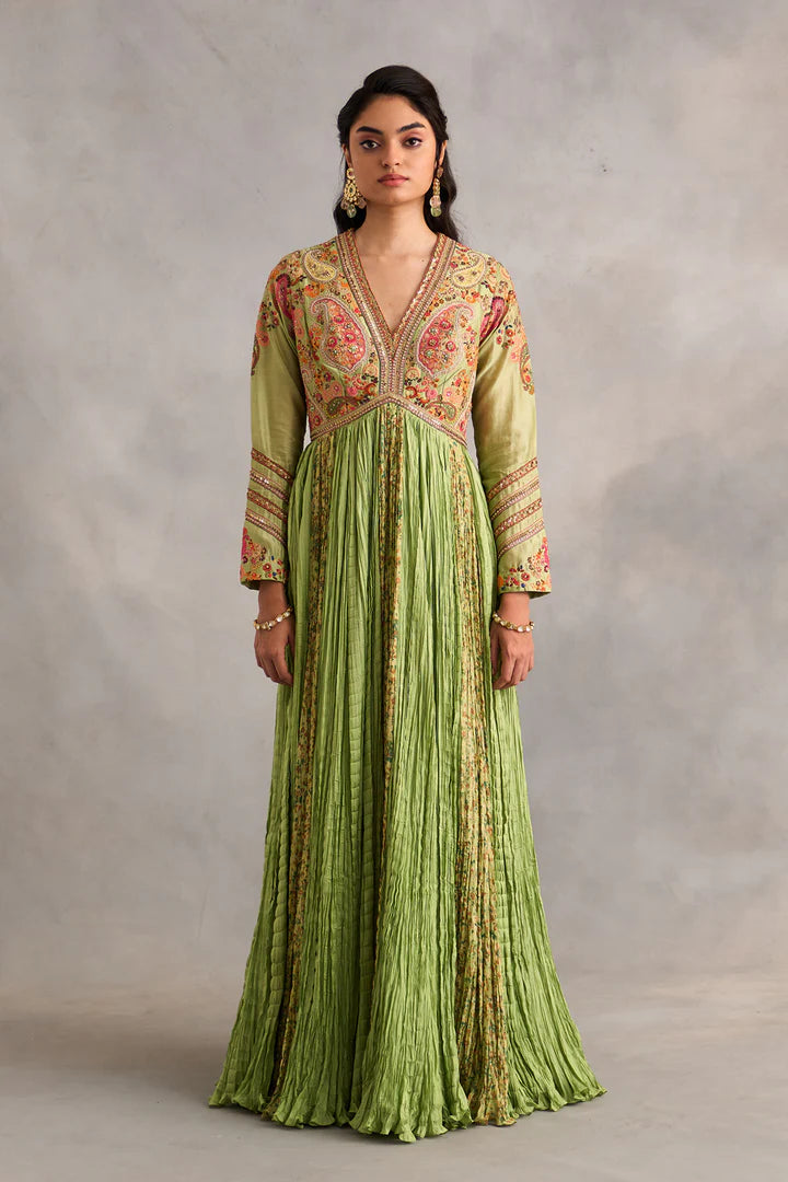 Pista Green Crushed Kalidar With Printed Panels And Dupatta