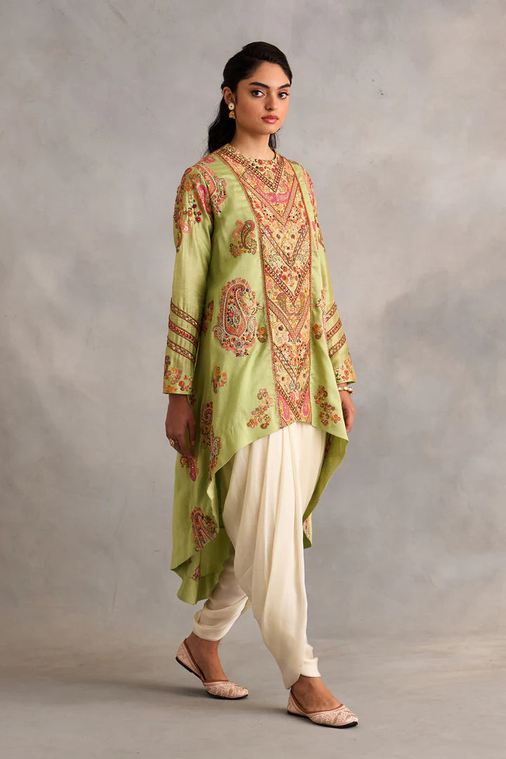 Pista Green High Low Jacket With Dhoti