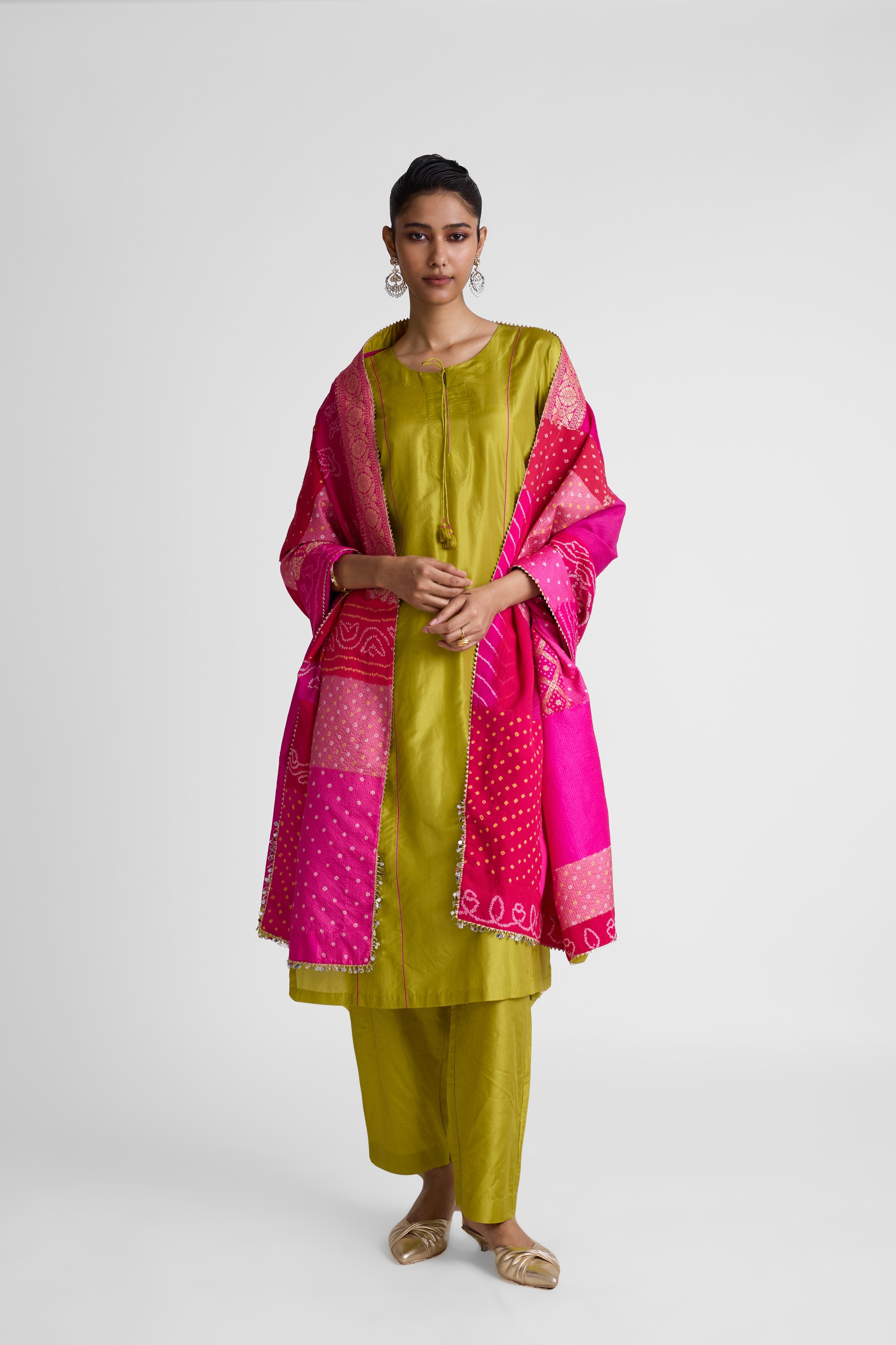 Boro Dupatta Suit Set - Lime Green Rani