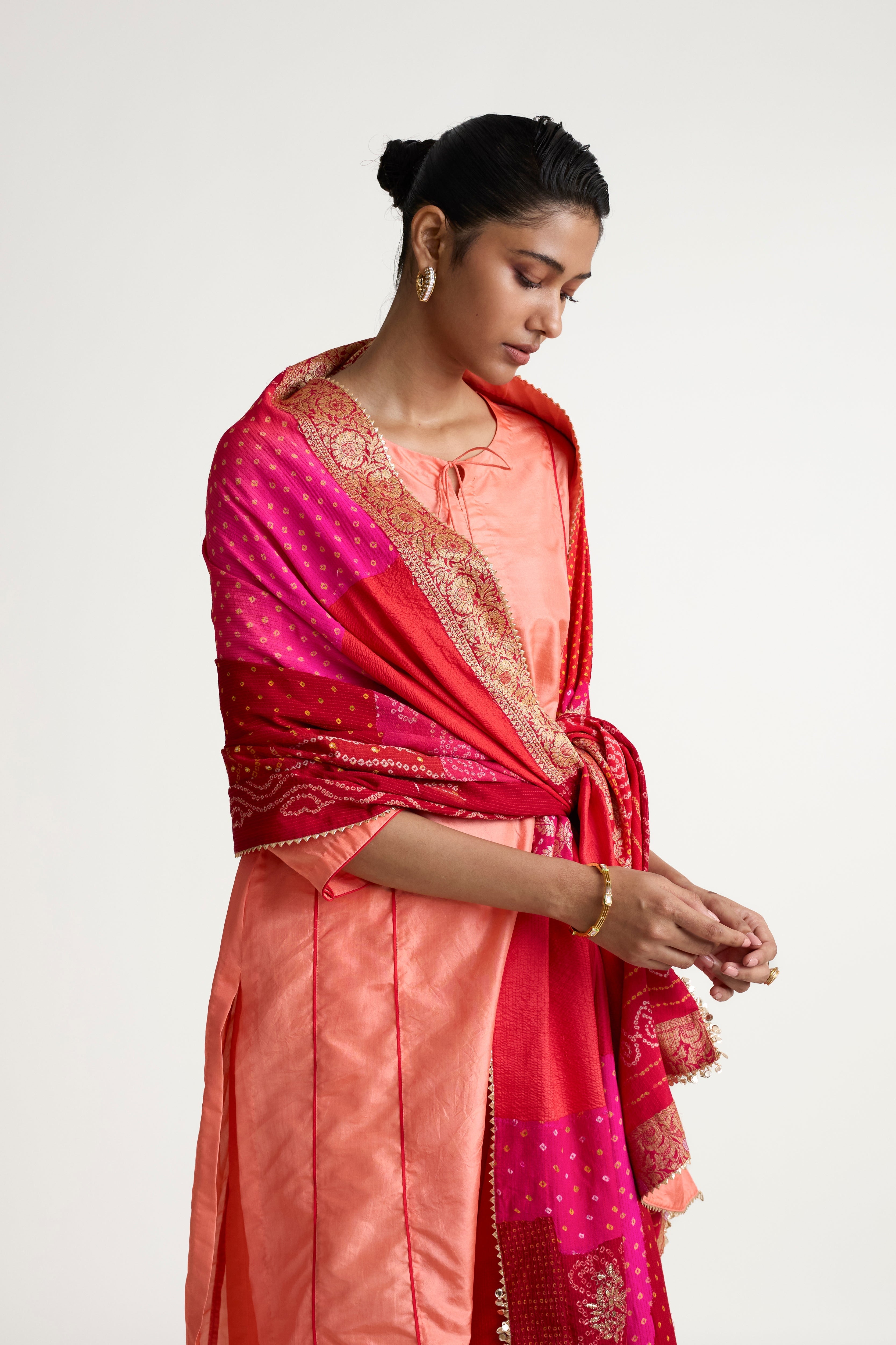 Boro Dupatta Suit Set - Peach Tomato