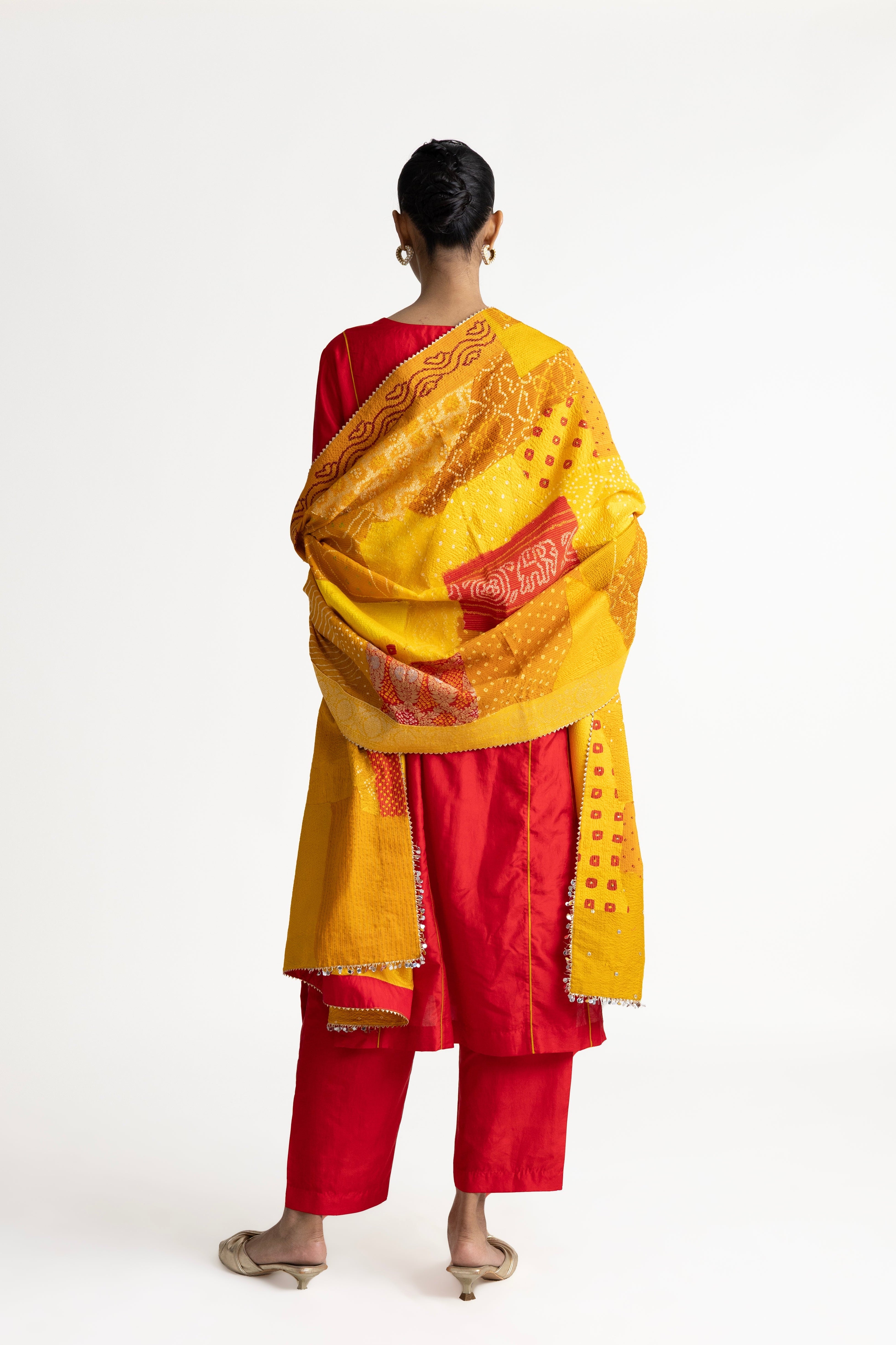 Boro Dupatta Suit Set - Red Yellow