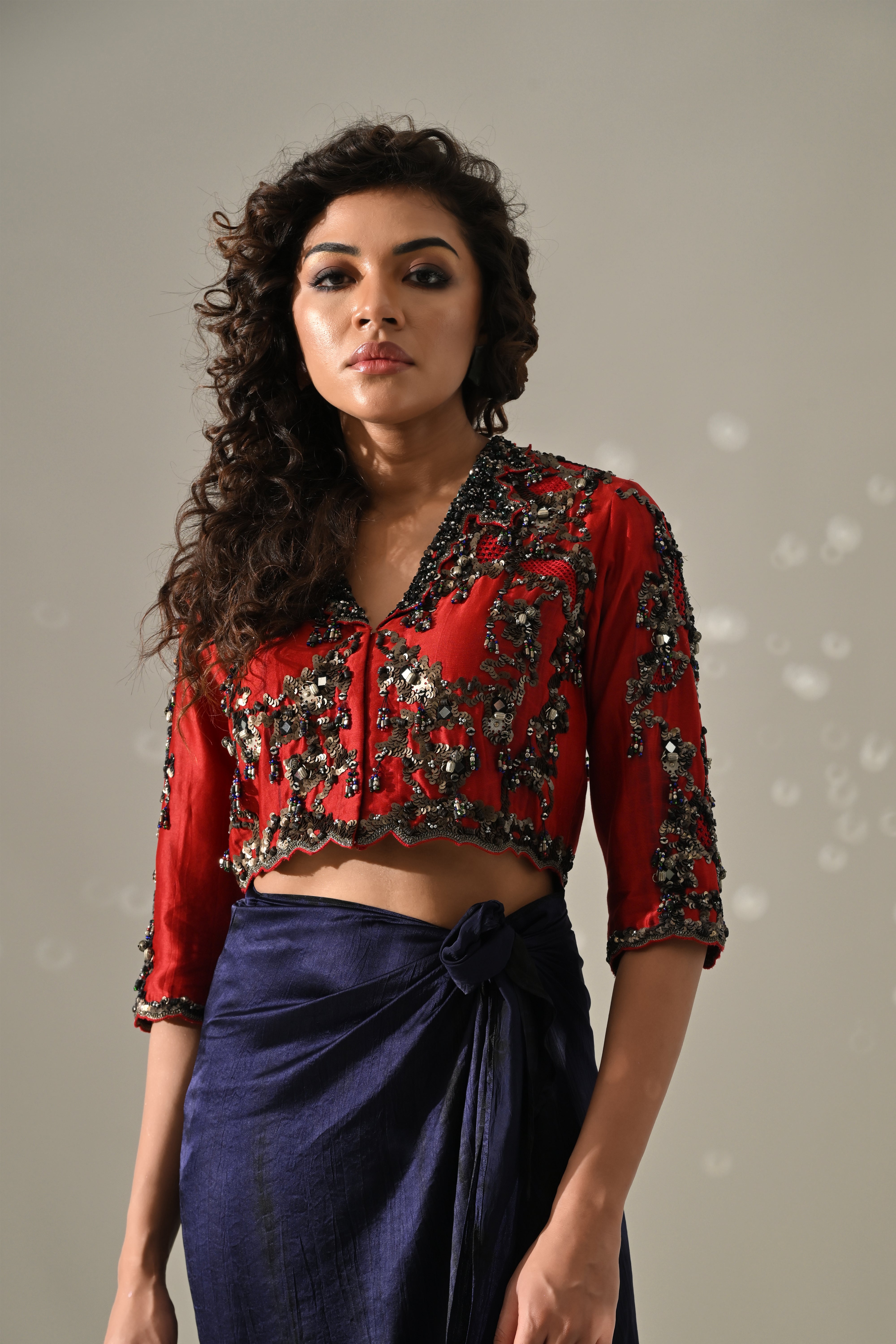 Red Blue Hand Embroidered Jacket Skirt Set