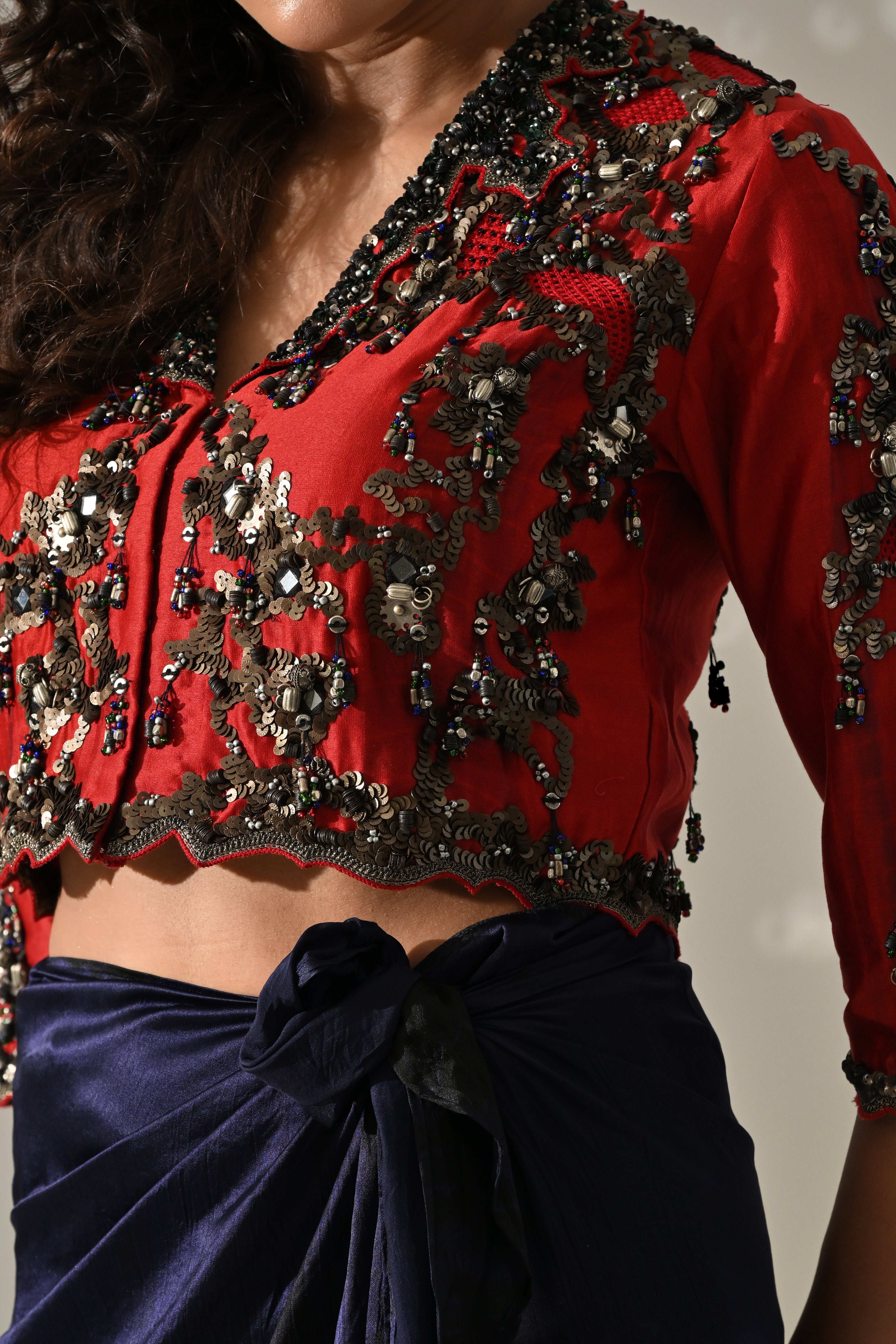 Red Blue Hand Embroidered Jacket Skirt Set