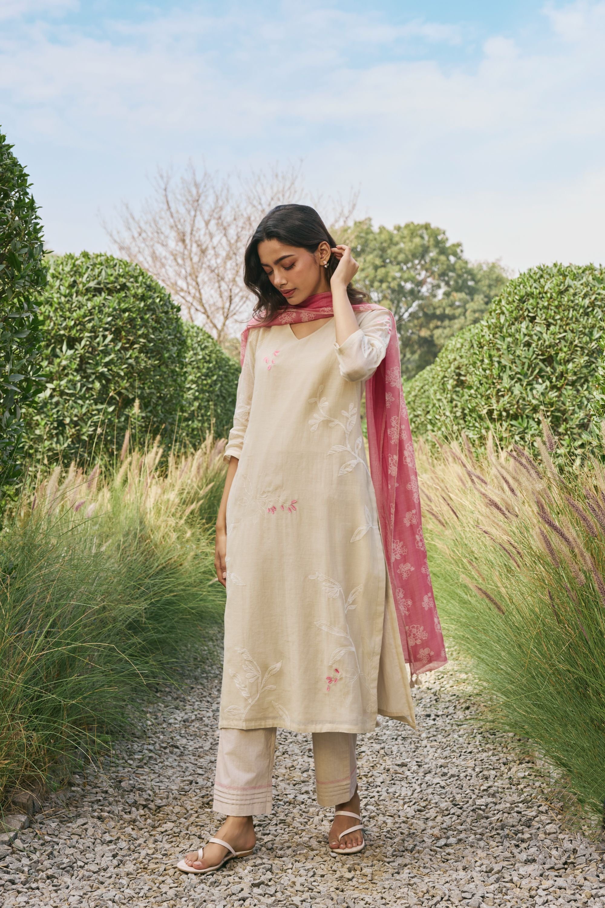 Ecru Floral Kurta Set