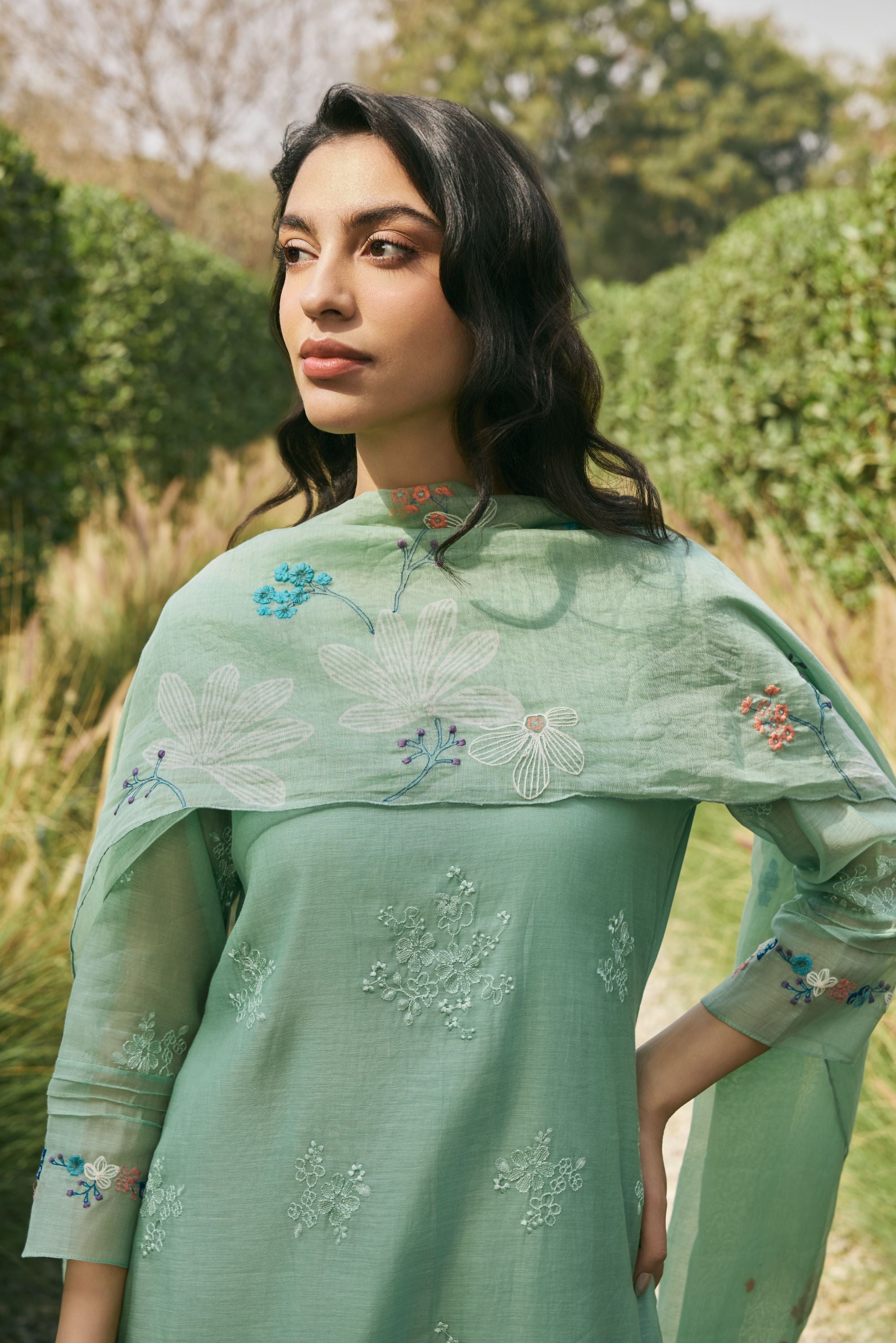 Mint Floral Embroidered Kurta Set