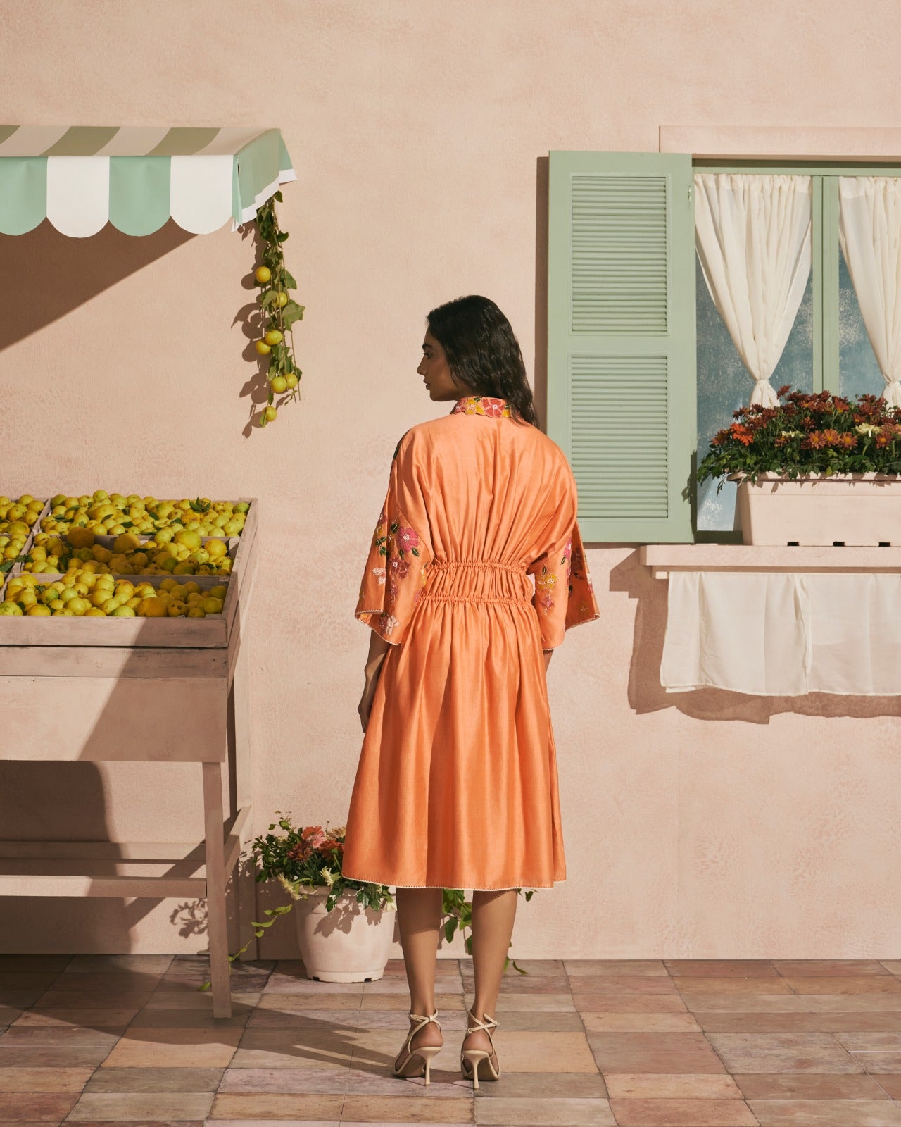 Orange Bougainvillea Pleated Dress