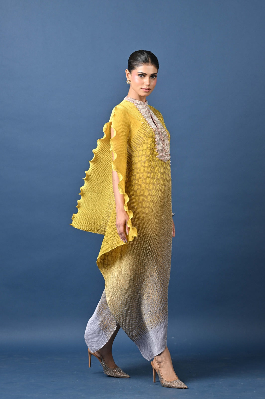 Yellow-Grey Ombre Pleated Embroidered Dress