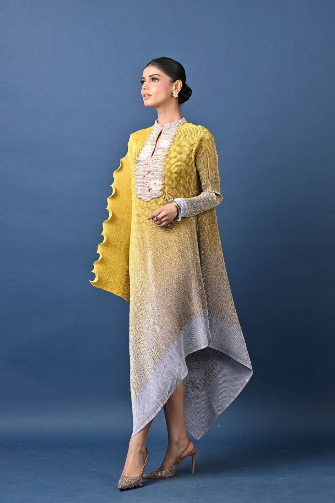 Yellow-Grey Ombre Pleated Embroidered Dress