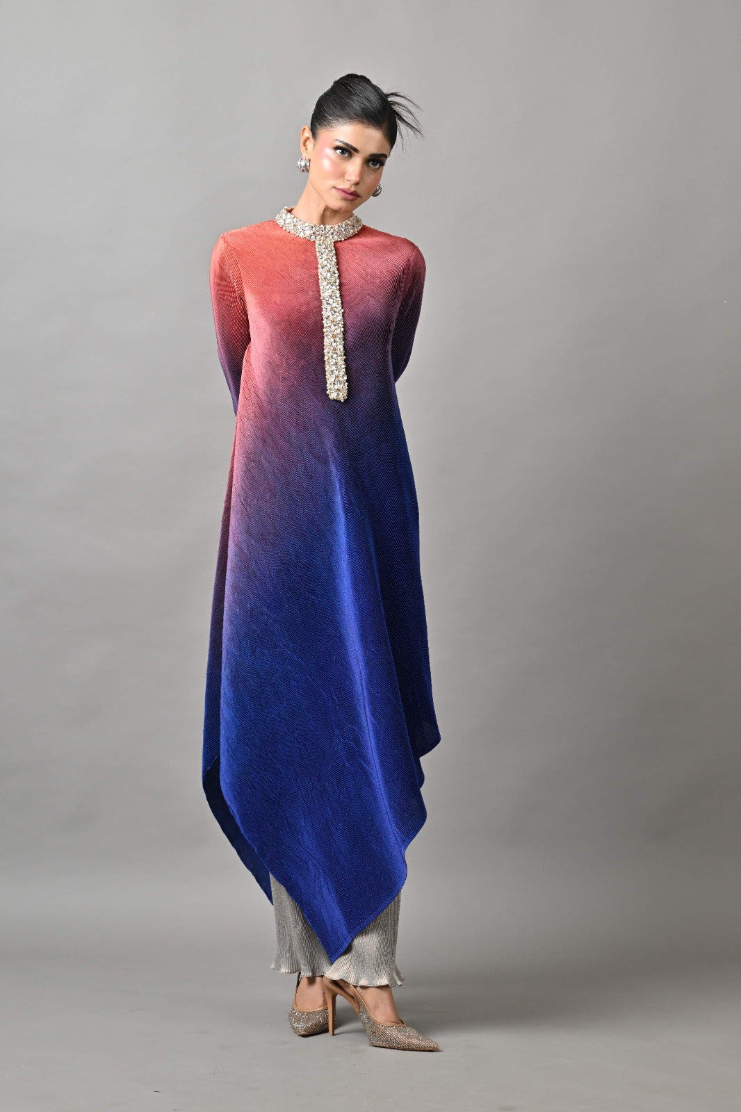 Orange-Indigo Ombre Pleated Hand Embroidered Kurta