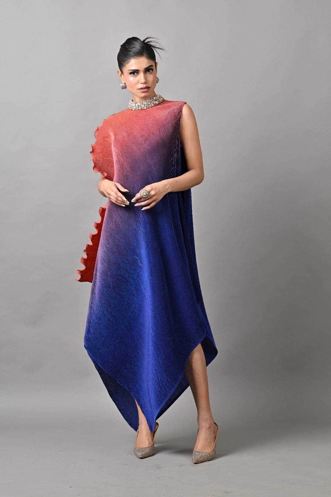 blue and orange ombre dress Orange-Indigo Pleated One-Sleeve Ombre Maxi DressAdjustable Spaghetti Size:16/18 Mini dress corset evening dress Blue Rhinestone Embellished Sweetheart