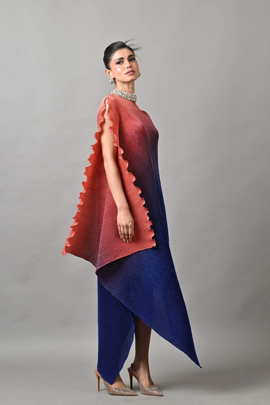 Orange-Indigo Ombre Pleated One-Sleeve Dress