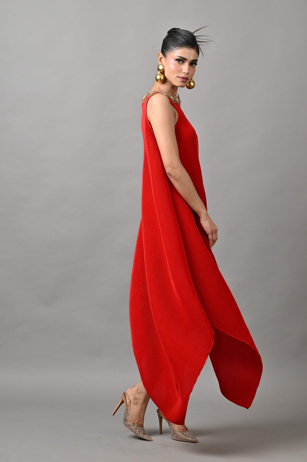 Red Pleated Hand Embroidered Sleeveless Dress