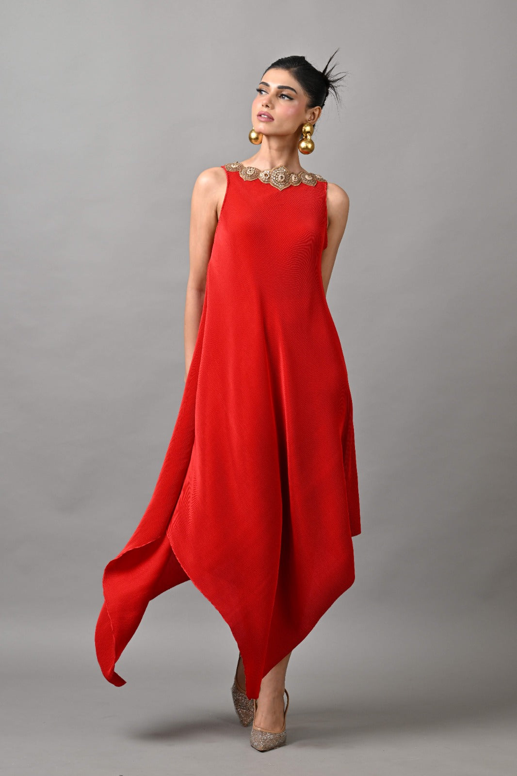 Red Pleated Hand Embroidered Sleeveless Dress
