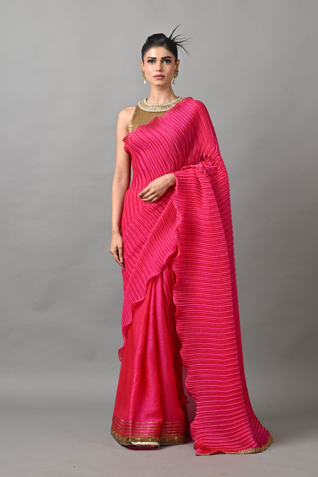 Fuchsia Pleated Hand Embroidered Sari