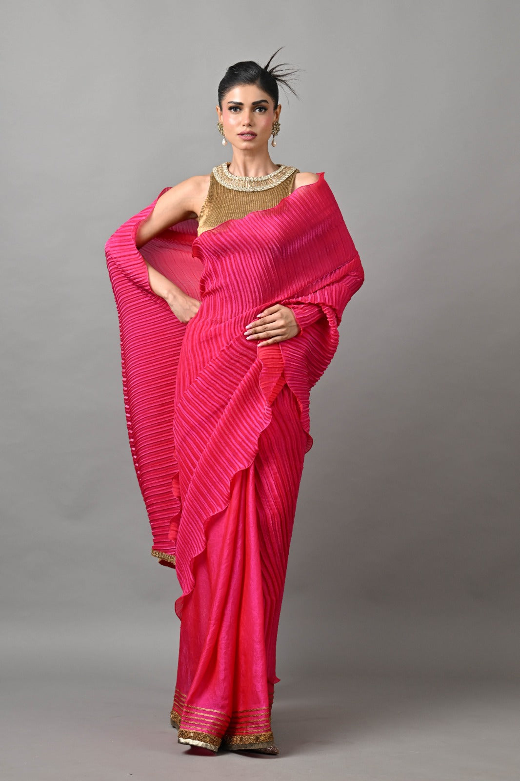Fuchsia Pleated Hand Embroidered Sari