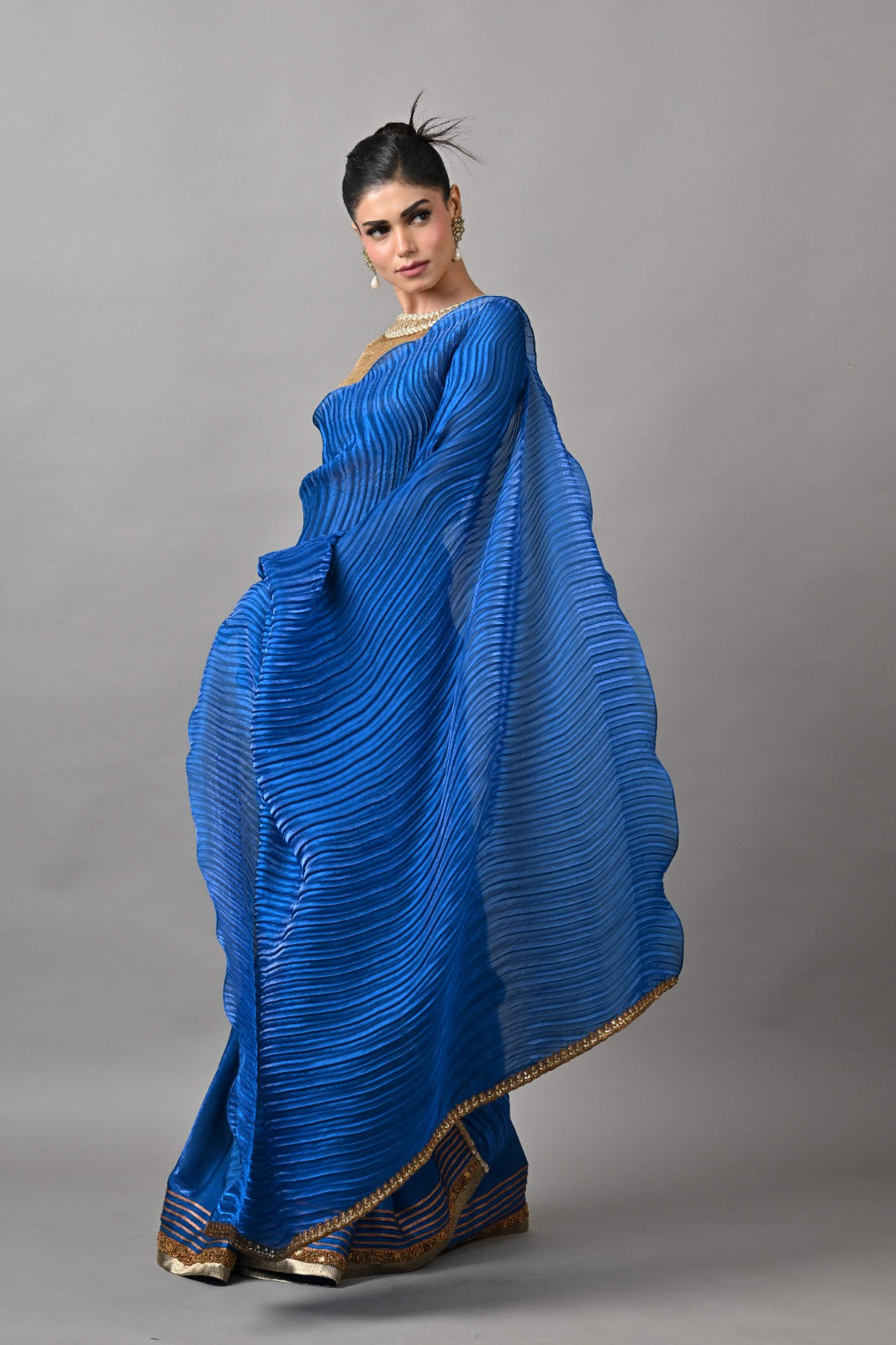 Blue Pleated Hand Embroidered Sari