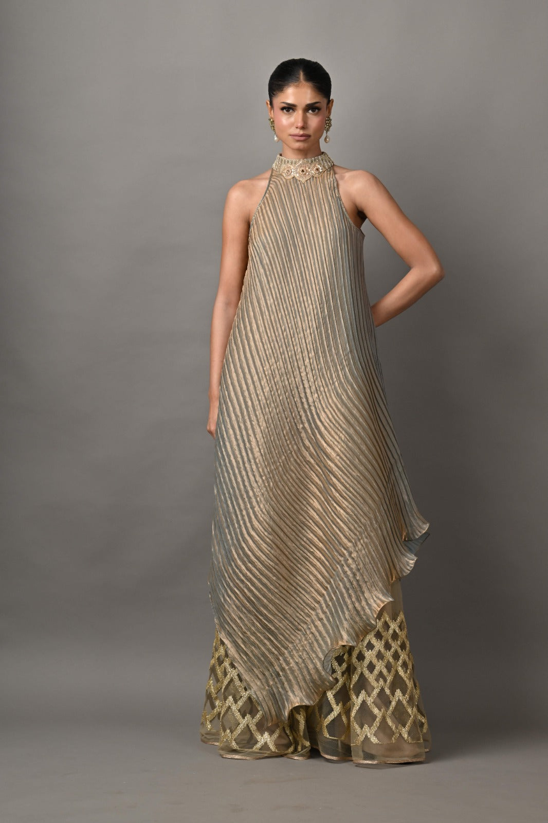Smoky gold box pleated dress with collar and motif detail