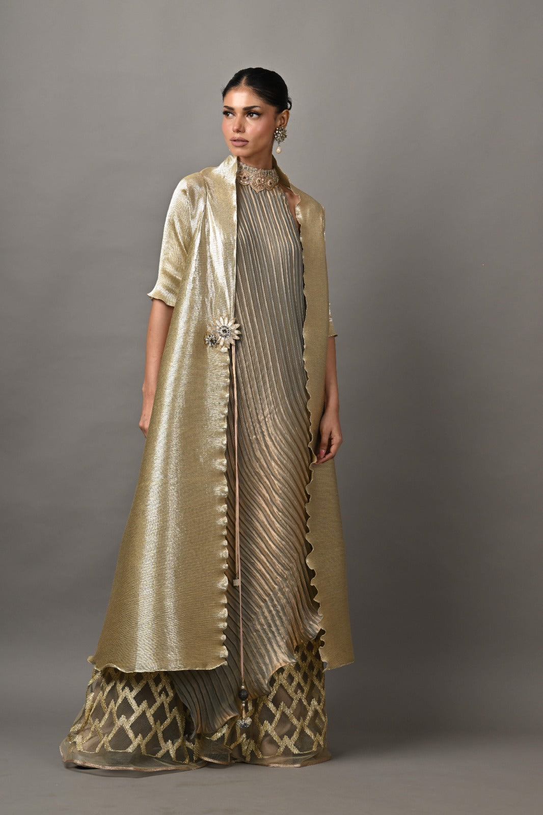 Liquid silver pleated angarkha with motif detail