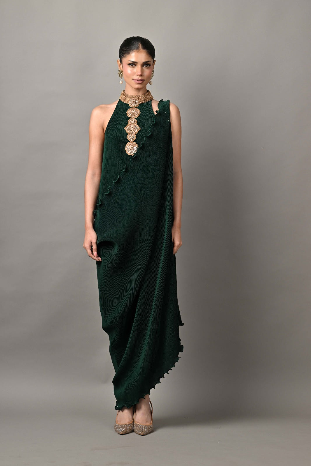 Emerald pleated diagonal dress