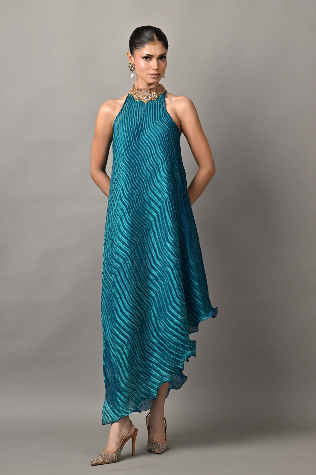 Turquoise box pleated drape dress with collar and motif detail