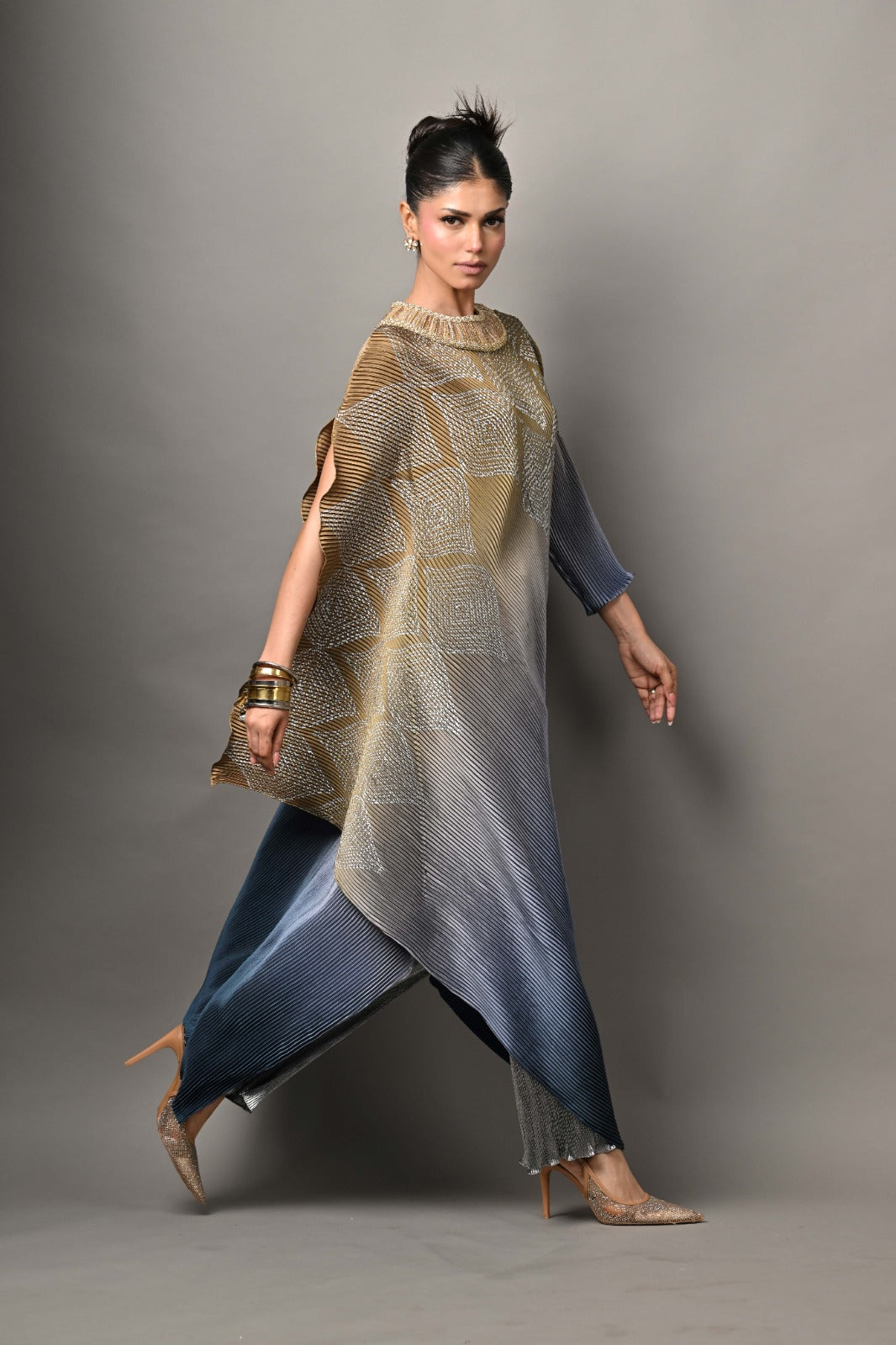 Olive into grey into navy printed drape dress with ghungroo embroidery with one sleeve