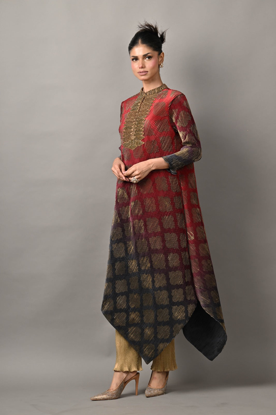 Red into navy printed pleated drape kaftan with burphi embroidery with sleeves
