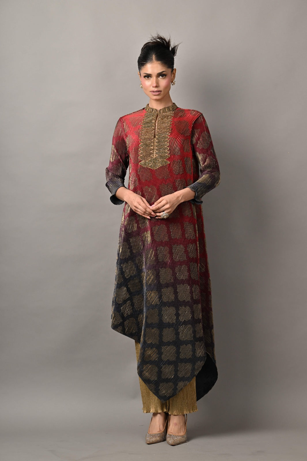 Red into navy printed pleated drape kaftan with burphi embroidery with sleeves