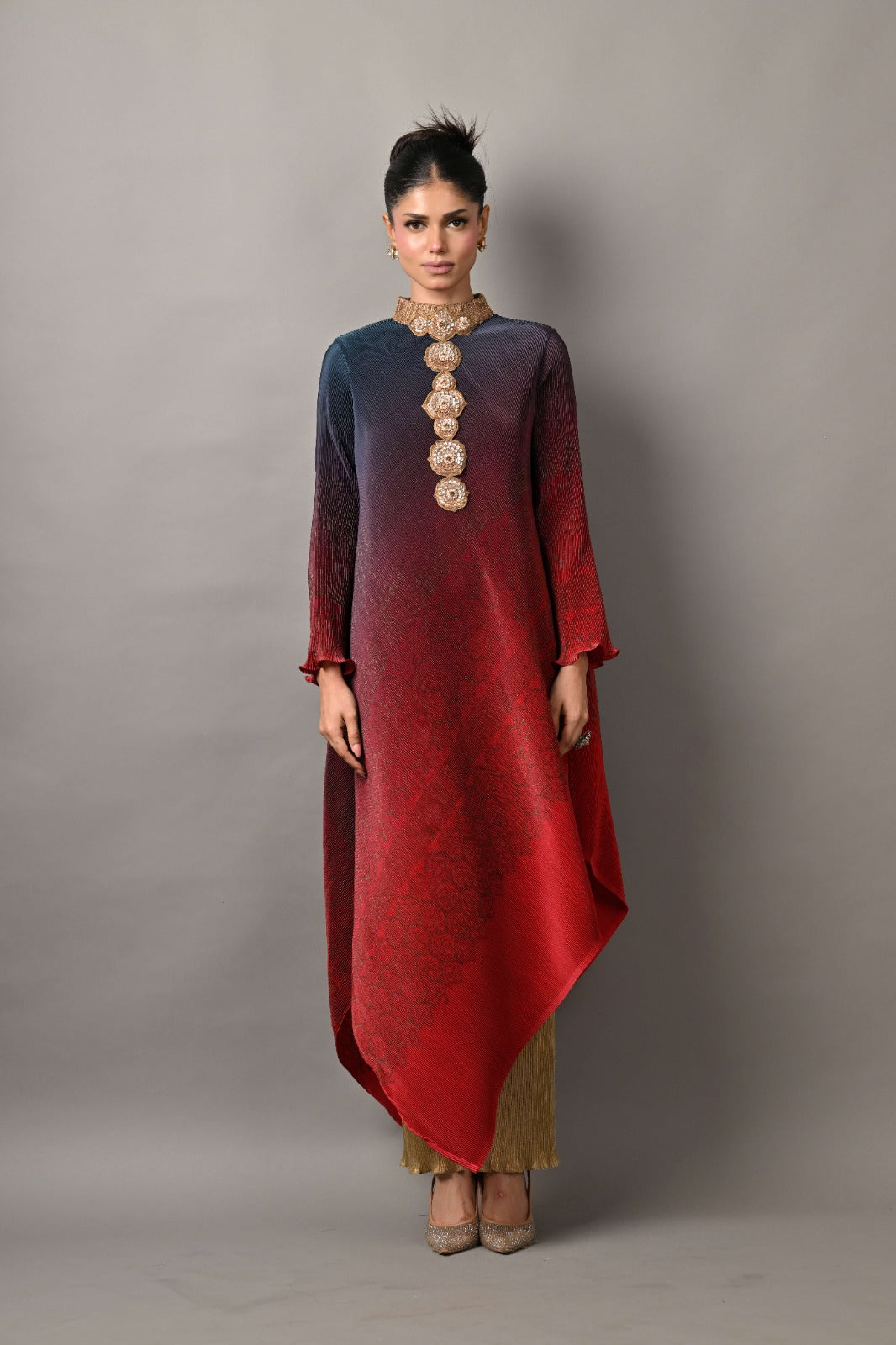 Navy into red printed pleated drape kaftan with collar and moresque embroidery with sleeves