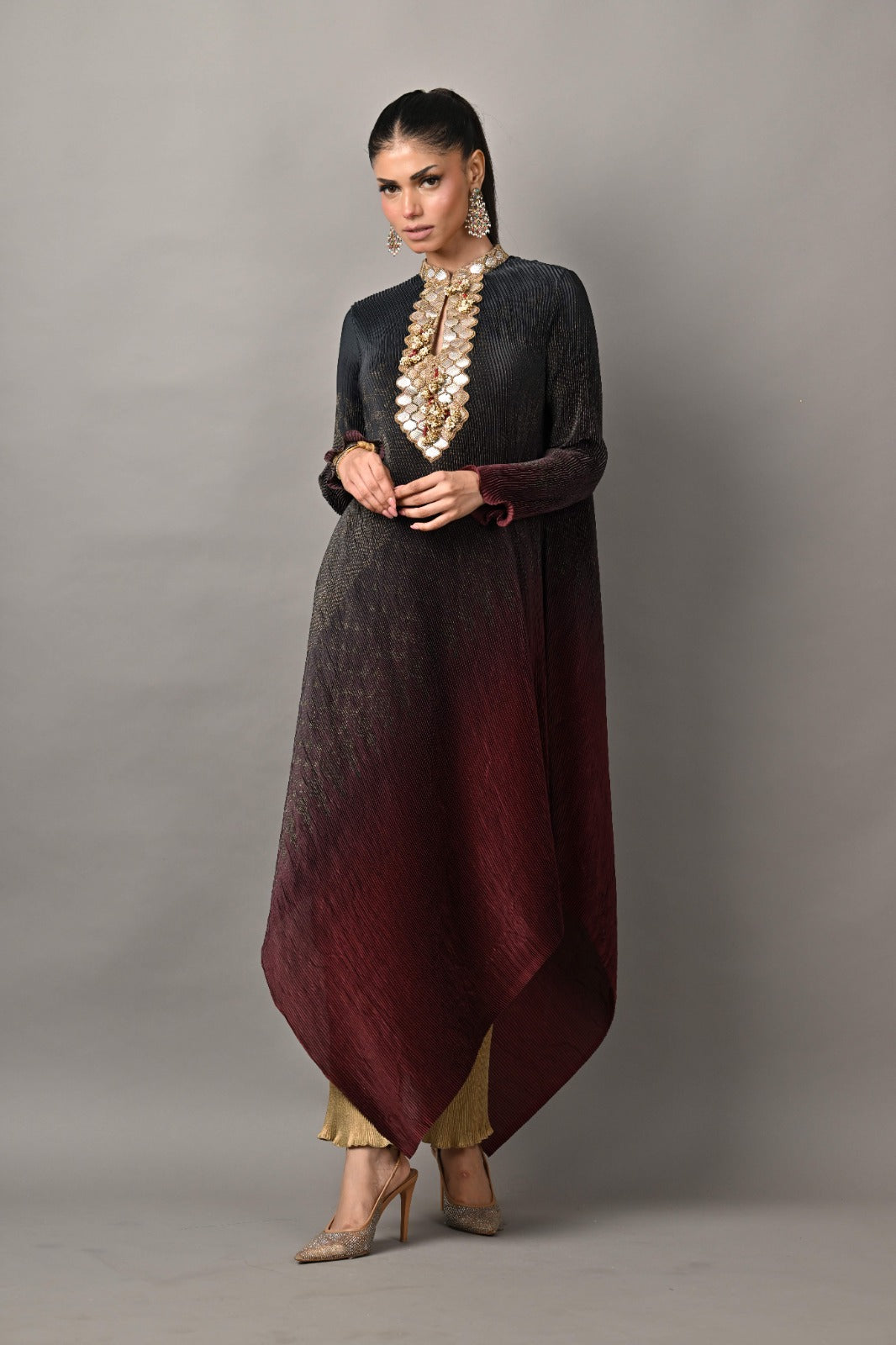 Dark blue into merlot printed pleated drape kaftan with honeycomb embroidery with pearl bunches with sleeves