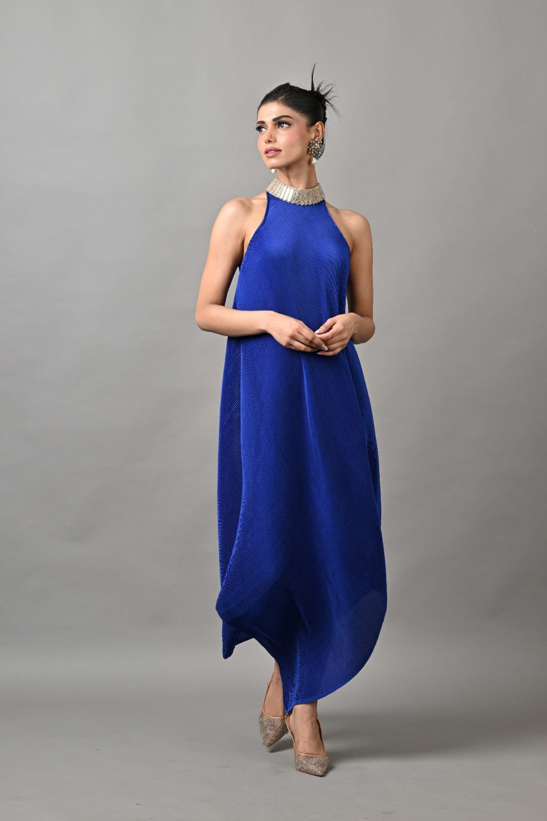 Indigo Pleated Hand Embroidered Draped Dress