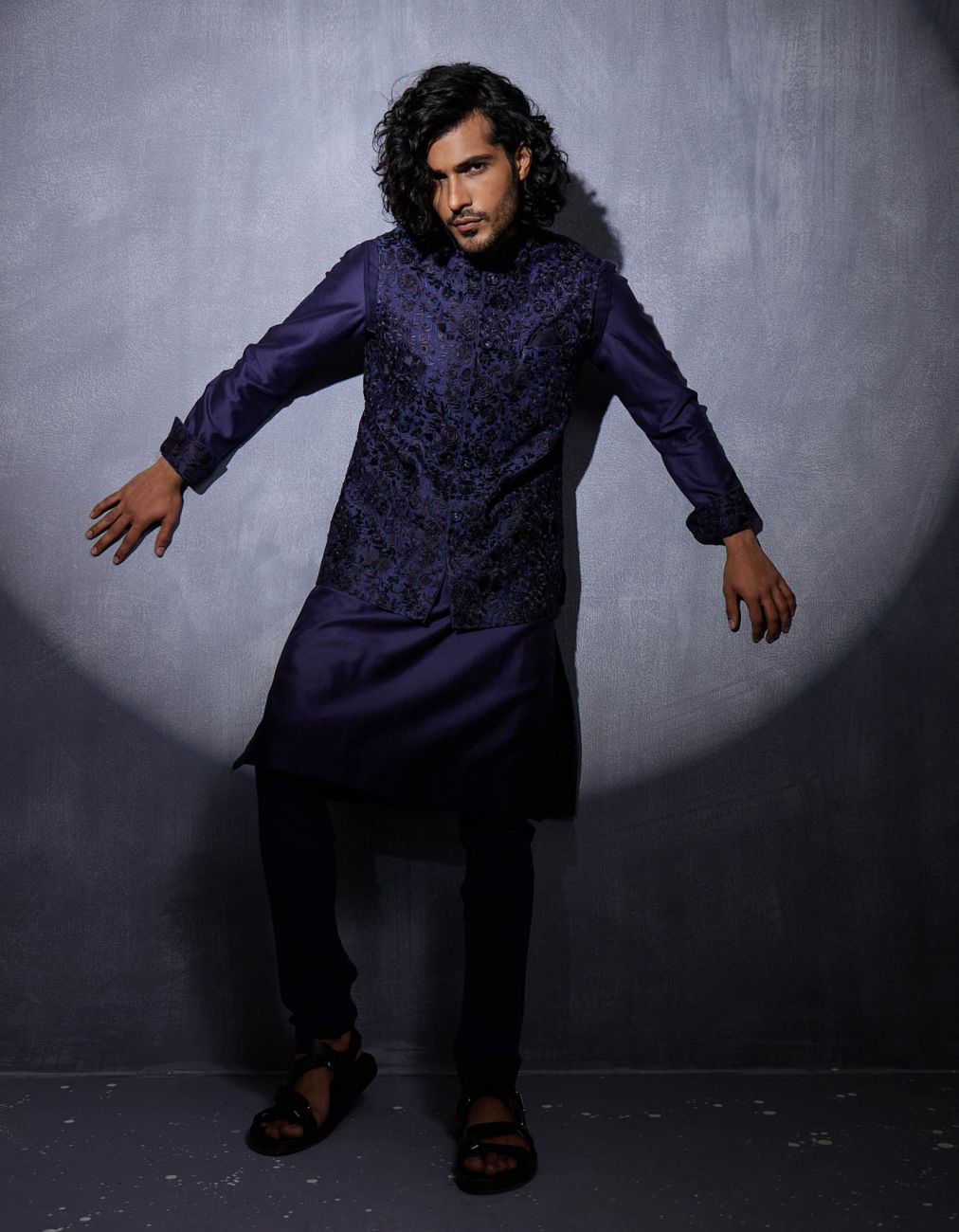 Navy Blue Chanderi Silk Hand Embroidered Nehru Jacket